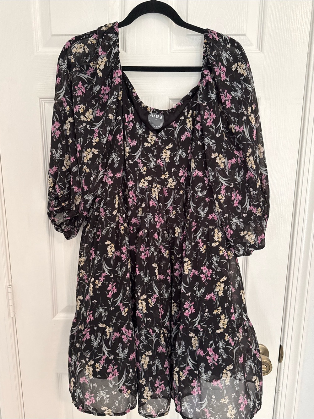 Arula Floral Puff-Sleeve Black Dress with Pink & Cream Blooms